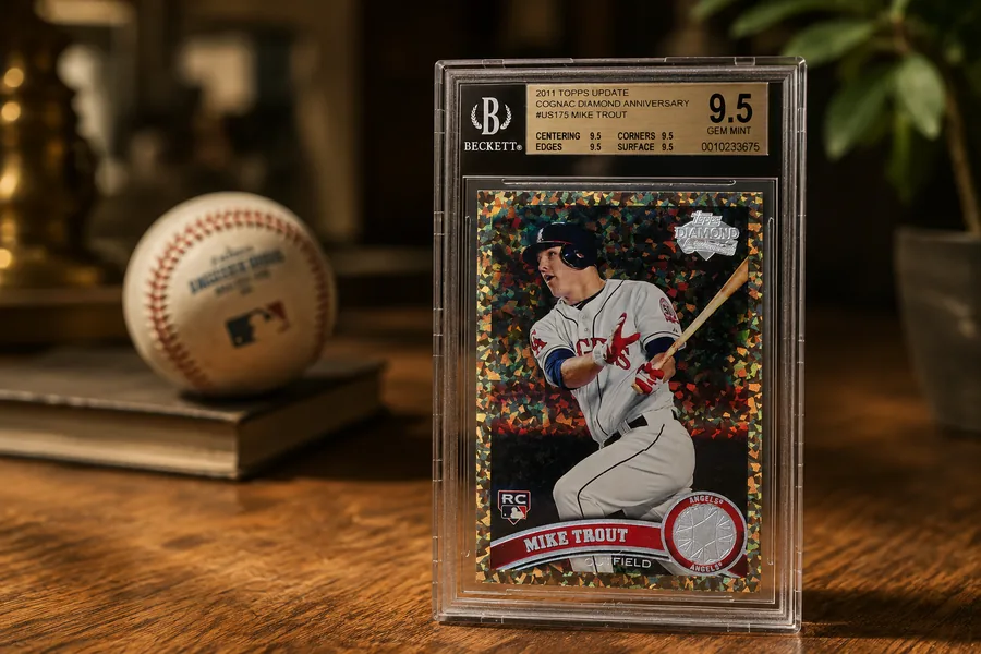 A graded Mike Trout rookie card beside a baseball