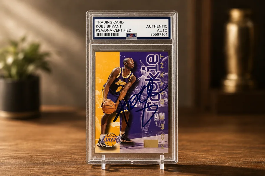 A graded and signed Kobe Bryant rookie card