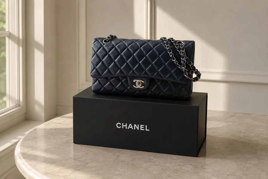A navy quilted Chanel flap bag resting on its box