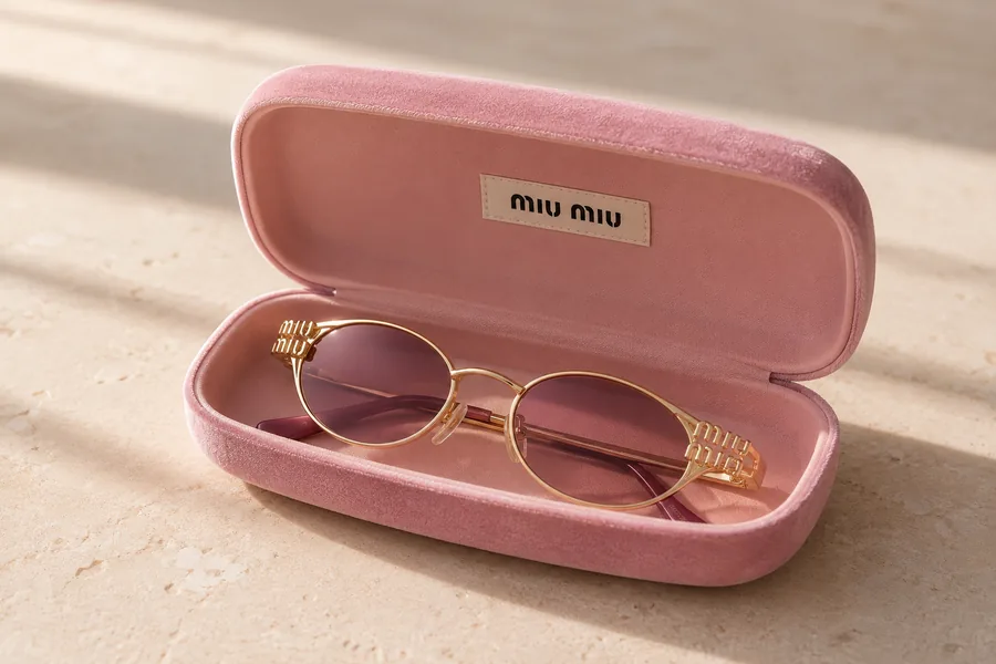 Gold oval Miu Miu sunglasses in a pink velvet case